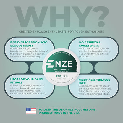 NZE Caffeine Free Nootropic Pouches (Wintergreen) - Nootropic Pouches with Alpha GPC, L-Tyrosine & L-Theanine - No Sugar or Artificial Sweeteners - 15 Pouches Per Can - 5 Pack NZEBuy Supplements Australia