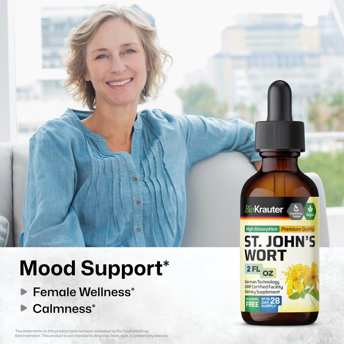 BIO KRAUTER® St Johns Wort for Calm & Mood Support - Vegan St. John's Wort for Relaxation & Emotional Wellness Support - Calm Drops 2 Fl.Oz., 28-Day Supply, Alcohol & Sugar Free Herbal Supplements BIO KRAUTER buy supplements Au