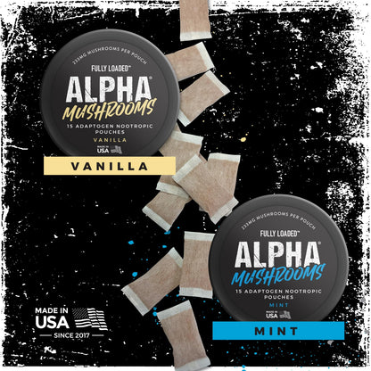 Fully Loaded Alpha Mushroom Pouches - Adaptogen Nootropic Pouches (5-Pack, Vanilla) - Lion's Mane, Cordyceps, & Chaga - 5 cans, 15 Pouches per can - Functional Mushrooms - Made in the USA Fully Loaded BullseyeBuy Supplements Australia