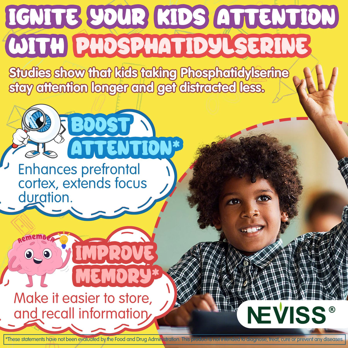 Kids Focus Gummies - Brain Supplements with Vegan Omega 3 DHA, Phosphatidylserine, L-Theanine, L-Tyrosine, Methylated B6 & B12 for Kids & Teen Support Attention, Memory, Nootropic, Sugar Free 60cts NEVISSBuy Supplements Australia
