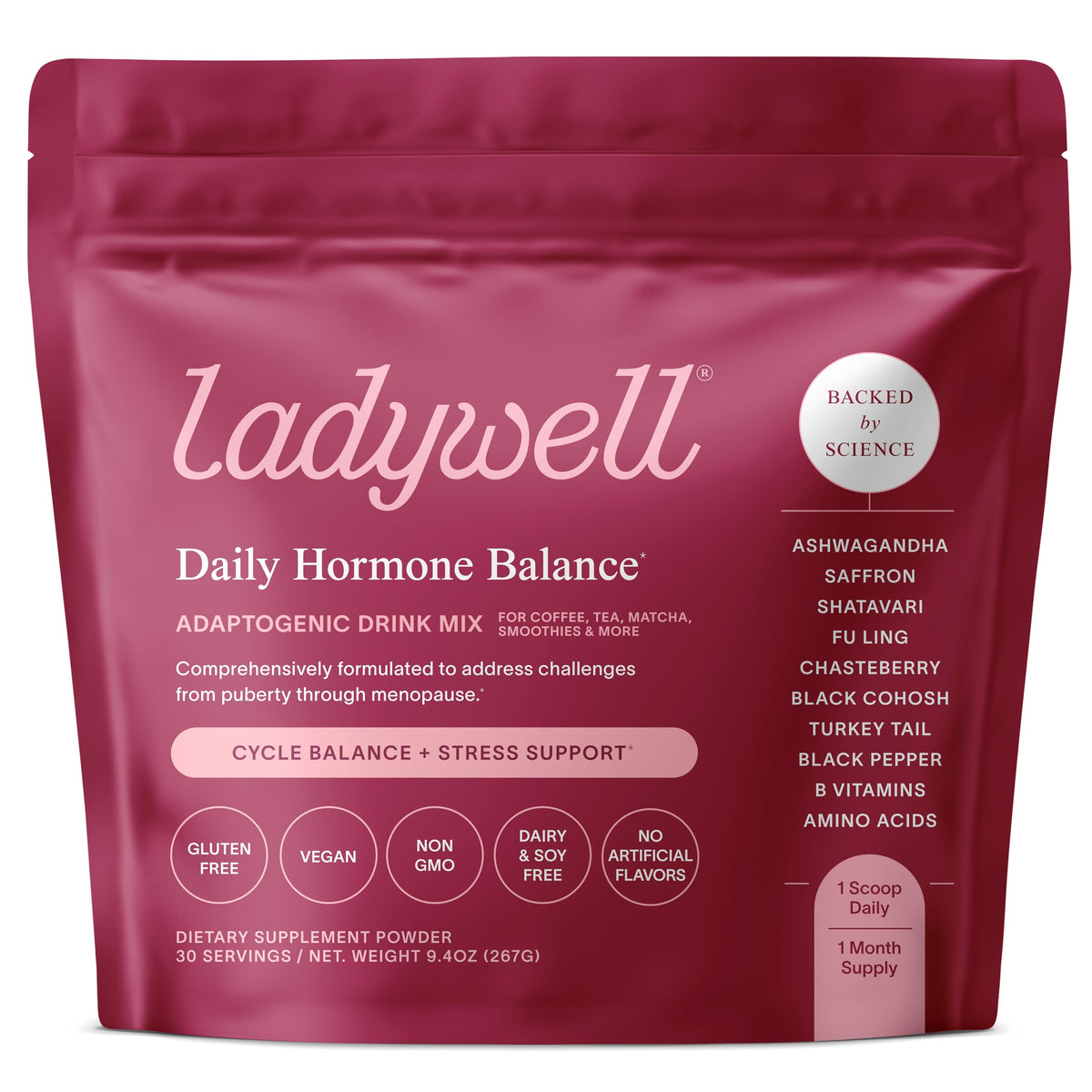 Ladywell Daily Hormone Balance Powder | Natural Cycle Support for Women | Supports Mood, Bloating, Cramps, Skin Health & Cravings with Chasteberry, B Vitamins, Ashwagandha, Saffron + | 30 Servings LadywellBuy Supplements Australia