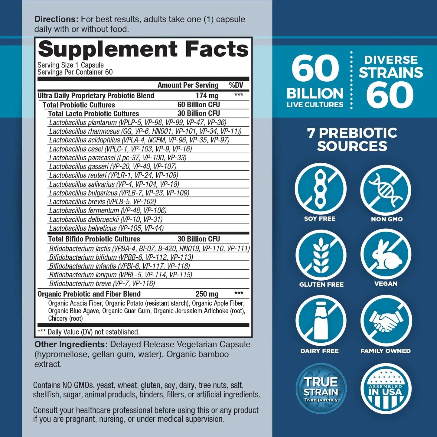 Vital Planet - Vital Flora Ultra Daily Probiotic 60 Billion CFU, Diverse Strains, Organic Prebiotics, Immune Support, Bloating Relief, Digestive Health Probiotics for Women and Men 60 Capsules Vital Planet buy supplements Au