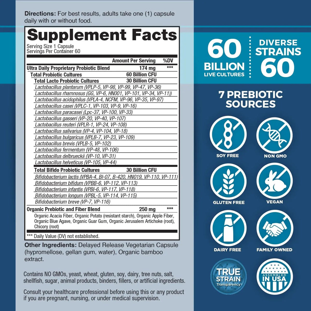 Vital Planet - Vital Flora Ultra Daily Probiotic 60 Billion CFU, Diverse Strains, Organic Prebiotics, Immune Support, Bloating Relief, Digestive Health Probiotics for Women and Men 60 Capsules Vital Planet buy supplements Au
