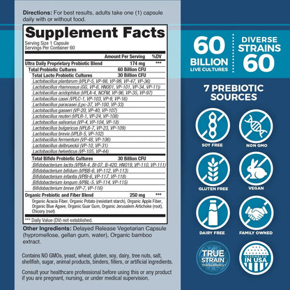 Vital Planet - Vital Flora Ultra Daily Probiotic 60 Billion CFU, Diverse Strains, Organic Prebiotics, Immune Support, Bloating Relief, Digestive Health Probiotics for Women and Men 60 Capsules Vital Planet buy supplements Au