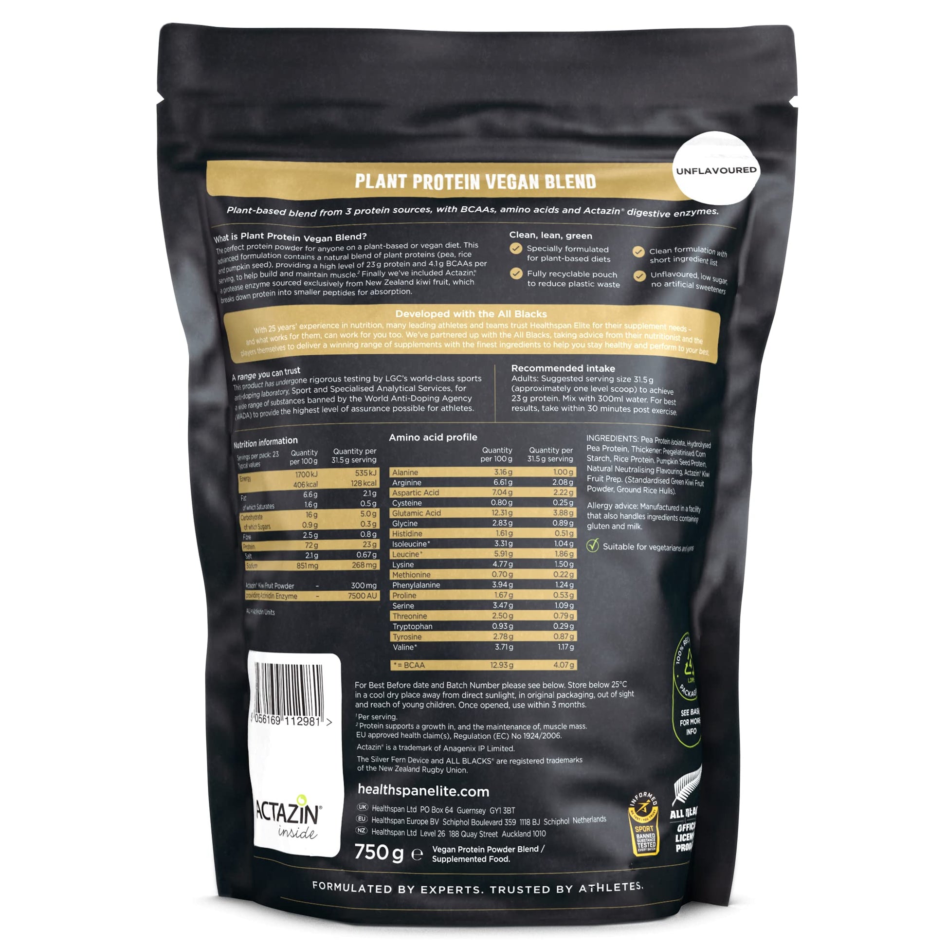 Healthspan Elite Plant Protein Vegan Blend (750g) | All Blacks Partner | 23g Protein Per Serving Healthspan EliteBuy Supplements Australia