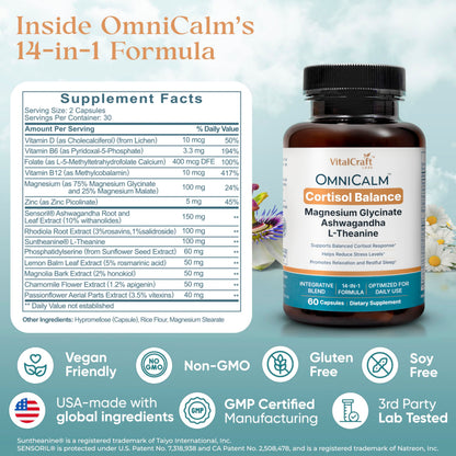 VITALCRAFT LABS OmniCalm Cortisol Supplements for Women & Men | Stress Relief & Sleep Support with Magnesium & Ashwagandha, L Theanine | 14-in-1 Cortisol Reducer, Manager, Detox – USA VITALCRAFT LABSBuy Supplements Australia