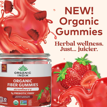 ORGANIC INDIA Fiber Gummies for Adults - Prebiotic Fiber, Dietary Supplement, Digestive Health for Men & Women, Vegan, Low Sugar