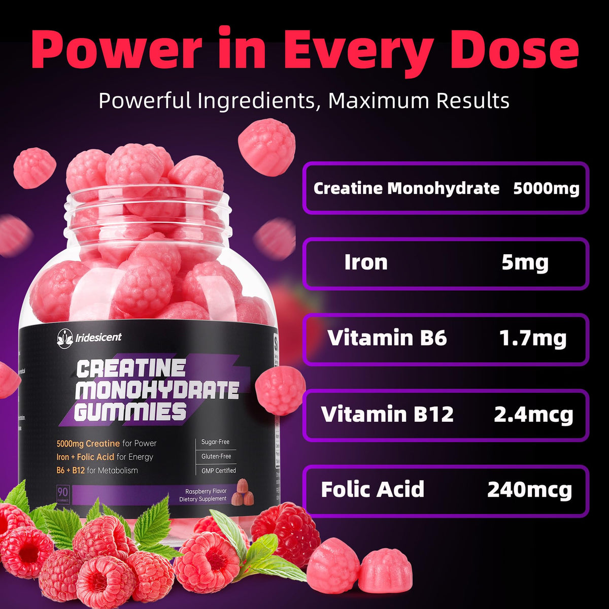 IRIDESICENT Creatine Monohydrate Gummies 5000mg w/Iron, Vitamin B6 & B12, Sugar Free 5g Creatine Supplements for Women and Men Boost Energy & Muscle Recovery - 90 Raspberry Gummies IRIDESICENTBuy Supplements Australia
