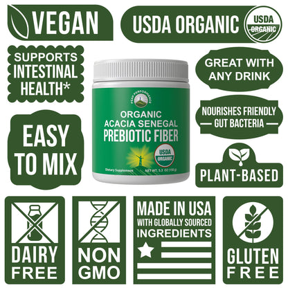 Peak Performance Organic Acacia Senegal Prebiotic Fiber Powder. Unflavored USDA Organic Plant Based Soluble Vegan Prebiotics Gut Health Supplement with Digestive Enzymes Peak PerformanceBuy Supplements Australia