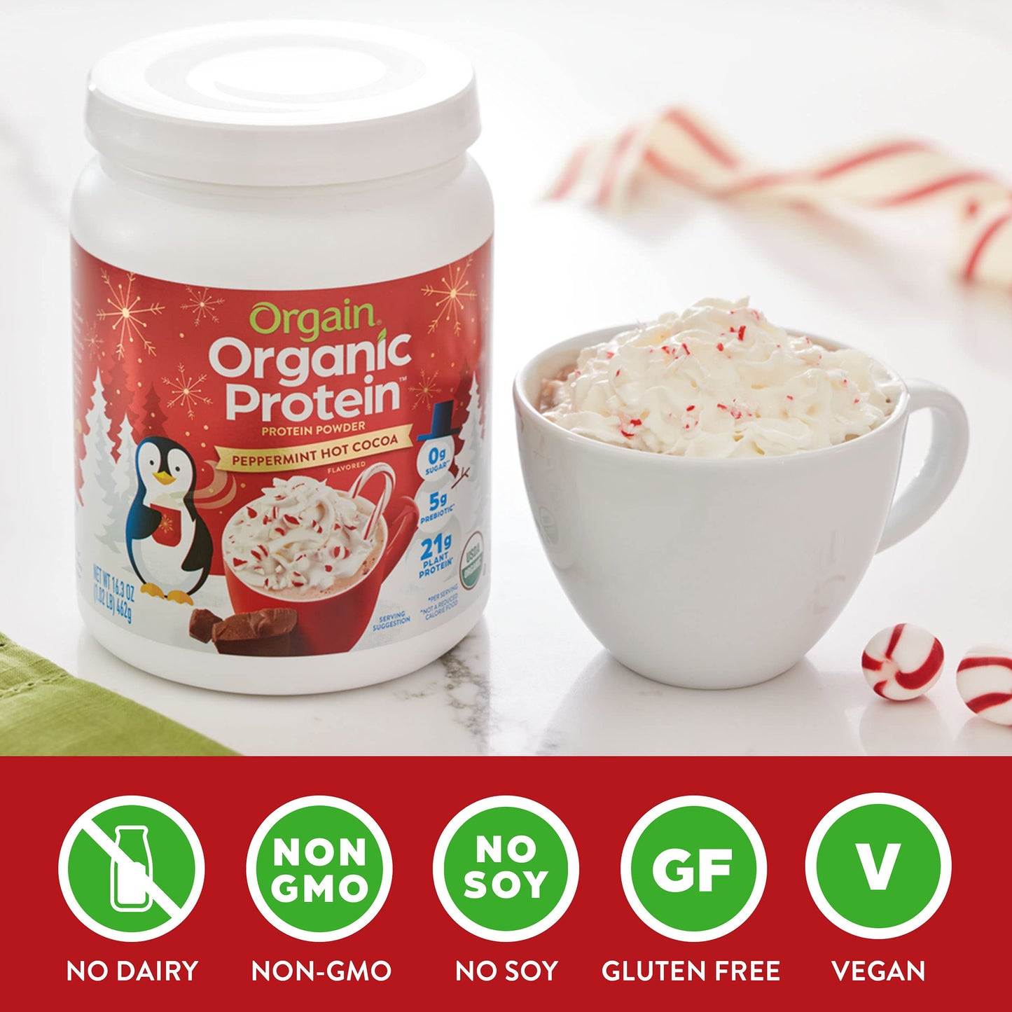 Orgain Organic Vegan Protein Powder, Peppermint Hot Cocoa Seasonal Holiday Flavor OrgainBuy Supplements Australia