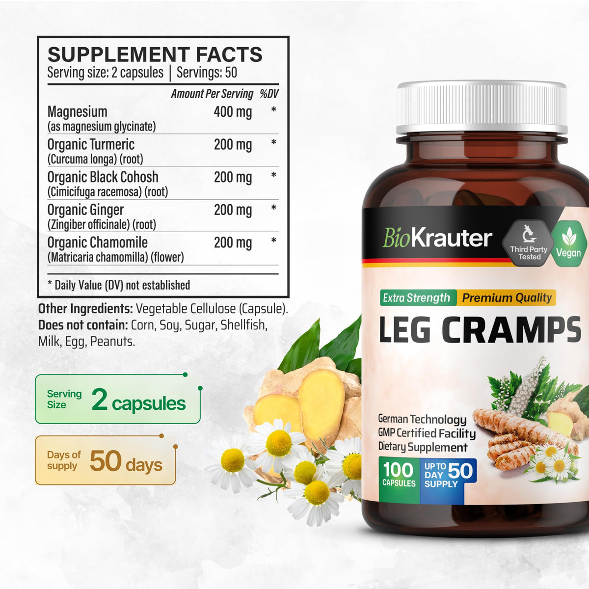 BIO KRAUTER® Magnesium Glycinate for Leg Сramps & Relax - 5-in-1 Formula Magnesium Glycinate 400mg with Turmeric, Black Cohosh, Ginger, Chamomile 1200 mg 100 Caps - No Fillers, Non-GMO, 50-Day Supply BIO KRAUTERBuy Supplements Australia