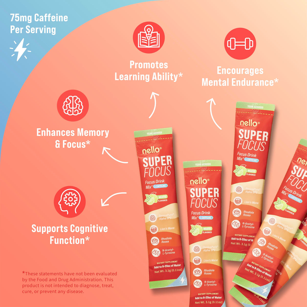 Nello Superfocus Mojito with Caffeine Nootropic Focus Drink Mix, 20 On-The-Go Packets, Alpha GPC, Lions Mane, Rhodiola, Sugar-Free NelloBuy Supplements Australia