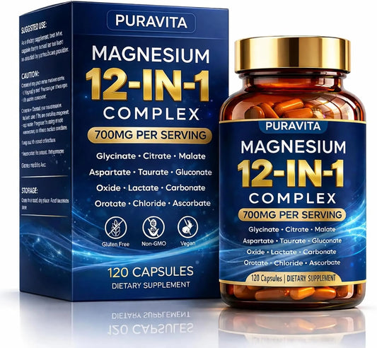 Puravita Magnesium 12-in-1 Complex supplement bottle and packaging on a white background