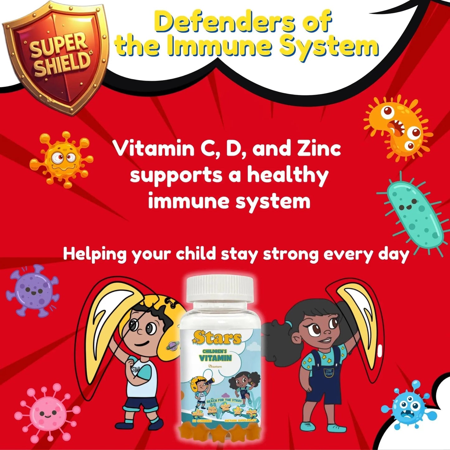 Stars Kids Multivitamin Gummies with Omega 3, Vitamins for Kids with A, B, C, D, Plant Based Multi Vitamins for Children, Manganese Vitastars