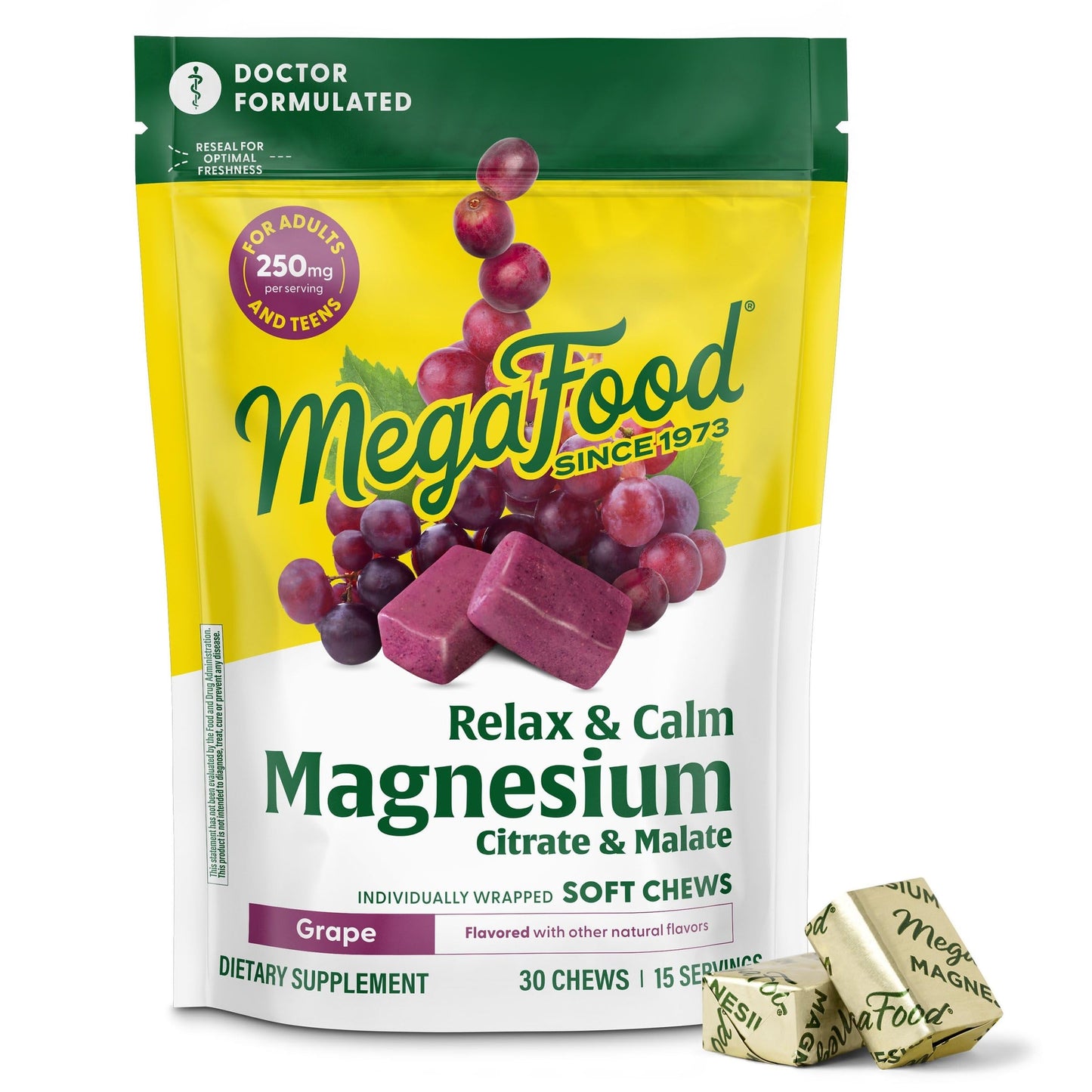MegaFood Relax + Calm Magnesium Complex with Magnesium Citrate & Malate for Heart Health, Muscle Tension & More – Doctor Formulated - Vegetarian – Grape Flavor - 30 Soft Chews (15 Servings) MegaFoodBuy Supplements Australia