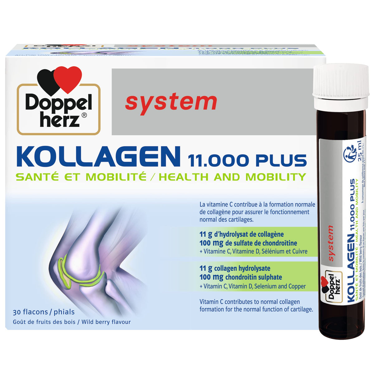 Doppelherz - Kollagen 11000 Plus - Collagen hydrolysate, chondroitin Sulphate, Vitamins C and D and Trace Elements - for Bones, cartilages and tendons - Wild Berry Flavour Liquid- 30 Bottles of 25ml DoppelherzBuy Supplements Australia