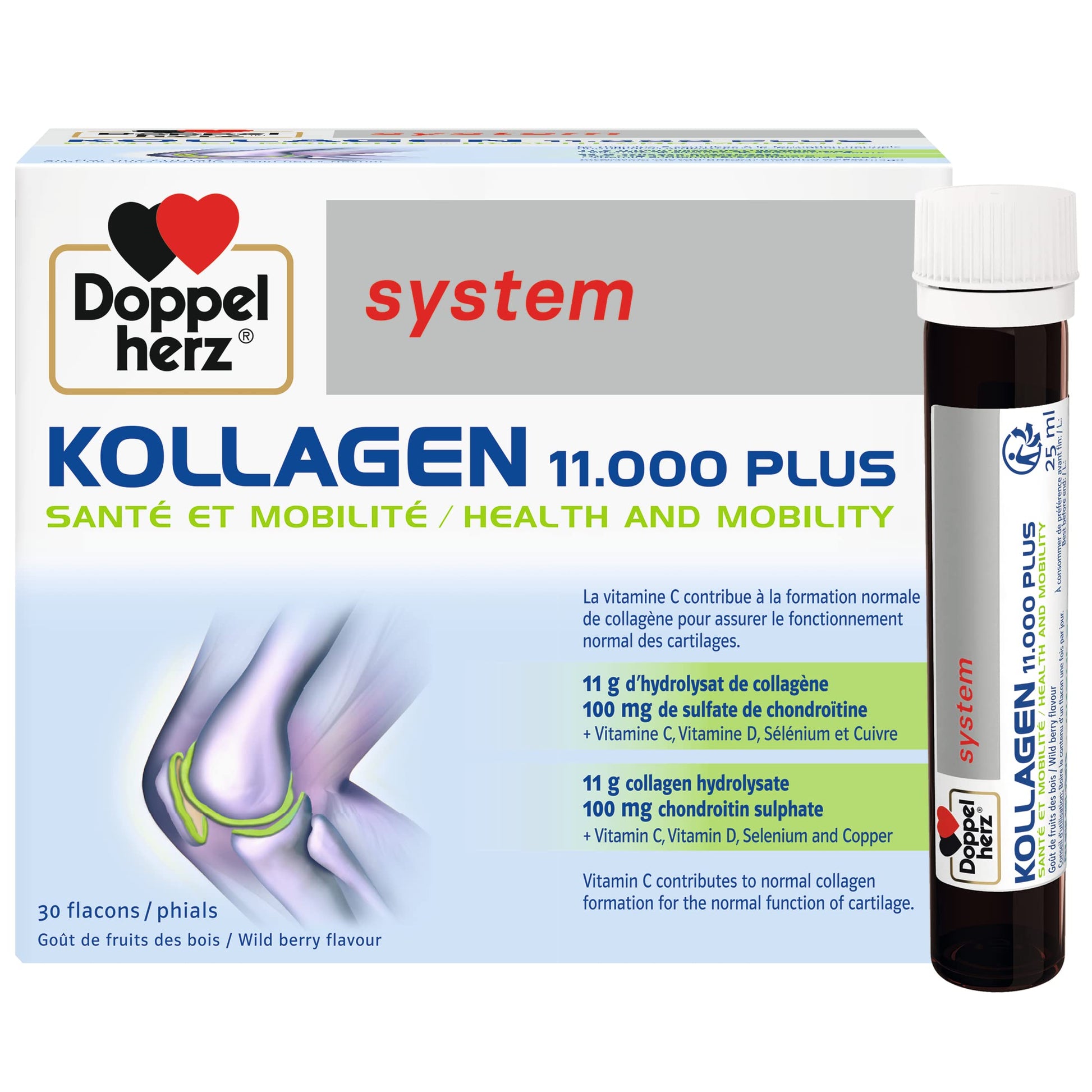 Doppelherz - Kollagen 11000 Plus - Collagen hydrolysate, chondroitin Sulphate, Vitamins C and D and Trace Elements - for Bones, cartilages and tendons - Wild Berry Flavour Liquid- 30 Bottles of 25ml DoppelherzBuy Supplements Australia