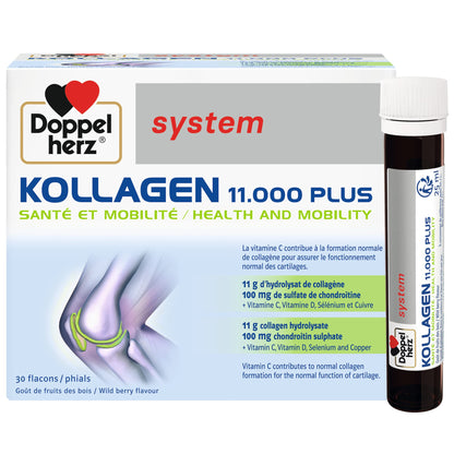 Doppelherz - Kollagen 11000 Plus - Collagen hydrolysate, chondroitin Sulphate, Vitamins C and D and Trace Elements - for Bones, cartilages and tendons - Wild Berry Flavour Liquid- 30 Bottles of 25ml DoppelherzBuy Supplements Australia