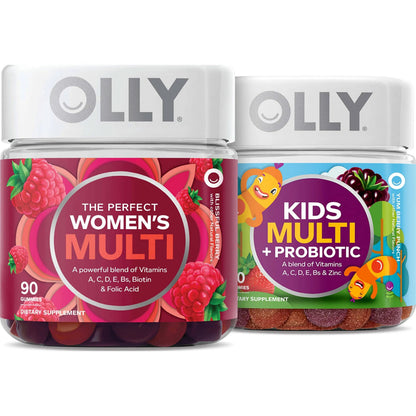 OLLY Gift, Family 2 Pack: Women's Multivitamin Gummy (90 Count), Kids Multivitamin + Probiotic Gummy (70 Count), Vitamins A, D, C, E, B, Chewable Supplement OLLY