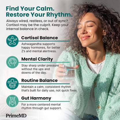 5-in-1 Cortisol Supplement for Women and Men with Ashwagandha for Calmness, Focus, and Adrenal Support Supplements with Shilajit Extract, Magnesium Glycinate, Probiotics (120 ct) (Pack of 1) PrimeMDBuy Supplements Australia