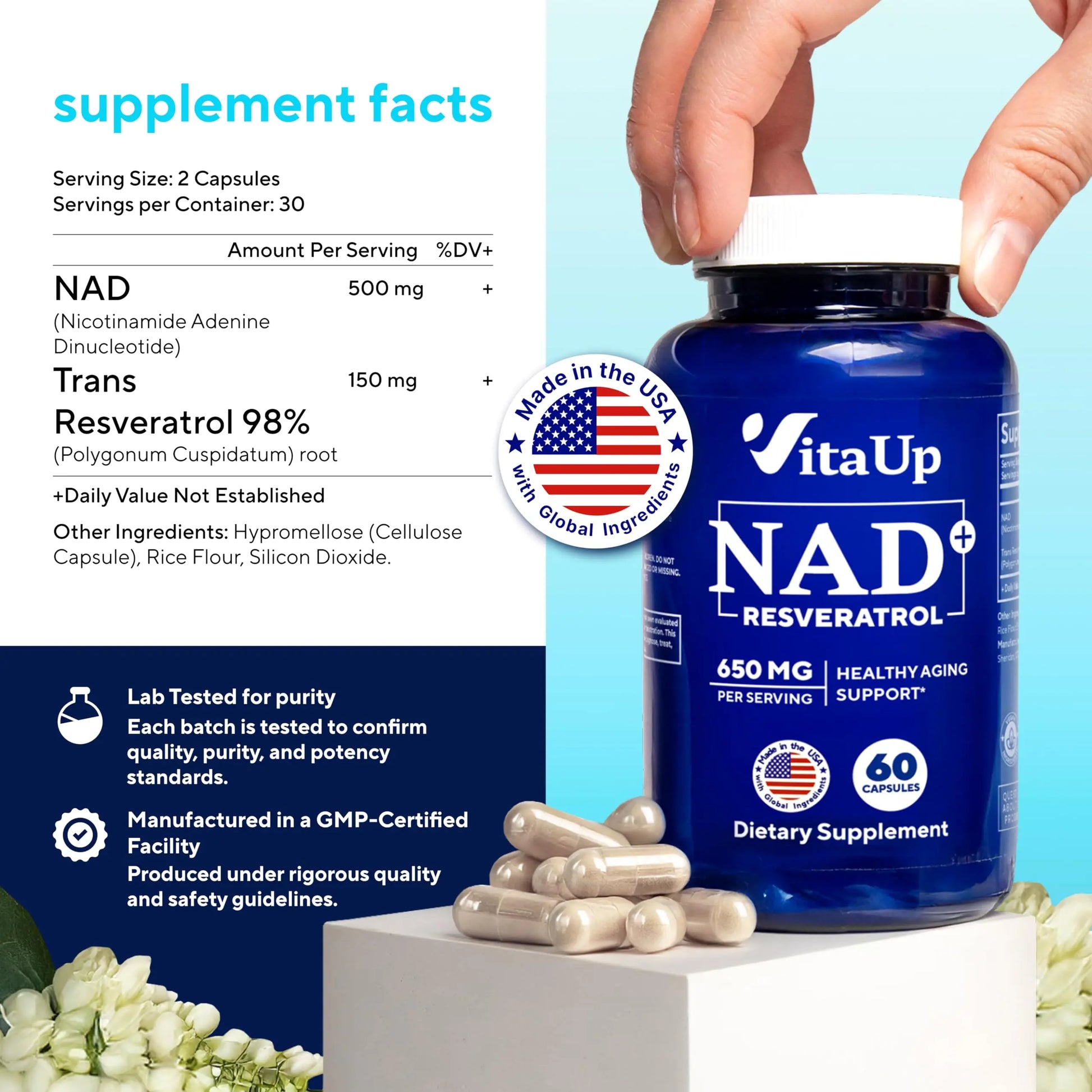 VitaUp NAD+ Resveratrol Supplement - USA Made Trans Resveratrol NAD Supplement 650mg - Nicotinamide Adenine Dinucleotide Capsules for Healthy Aging, Energy & Focus Support - 60 Count VitaUpBuy Supplements Australia