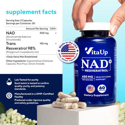 VitaUp NAD+ Resveratrol Supplement - USA Made Trans Resveratrol NAD Supplement 650mg - Nicotinamide Adenine Dinucleotide Capsules for Healthy Aging, Energy & Focus Support - 60 Count VitaUpBuy Supplements Australia