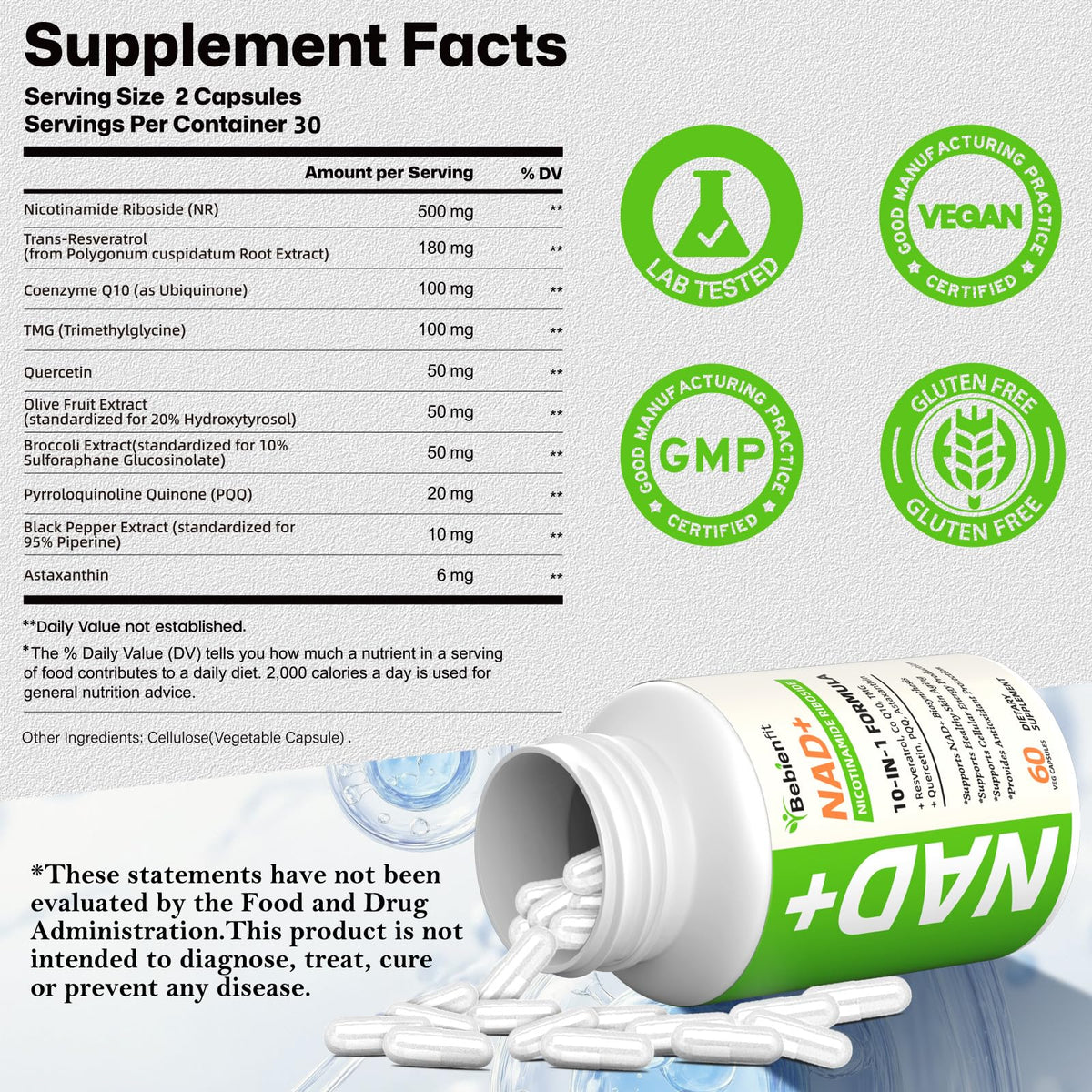Nad Supplement for Healthy Aging | Energy| Antioxidant| Skin Health| Focus ,10-in-1 Formula with NR,Trans-Resveratrol,CoQ10,Astaxanthin,PQQ,TMG,Quercetin,Olive Fruit Nad+ for Women Men,60 Vegan Caps Bebien fitBuy Supplements Australia