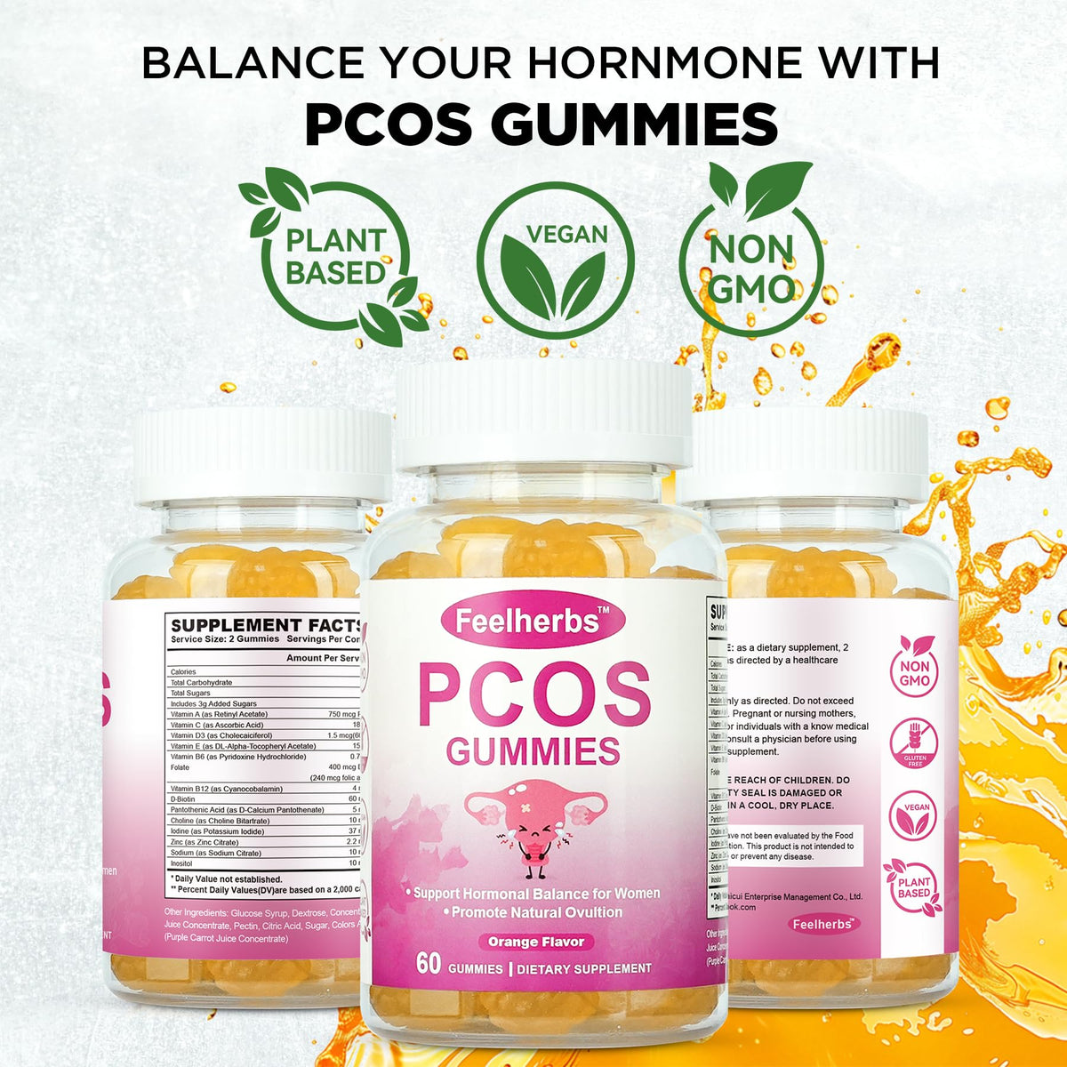 PCOS Gummies for Women Menstrual Cycle & Hormonal Balance, 60 Count Ovarian Support Gummies with Myo-Inositol, Folate and Vitamins, Orange Flavor PCOS Vitamins Gummies Helps Fertility and Ovulation FeelherbsBuy Supplements Australia