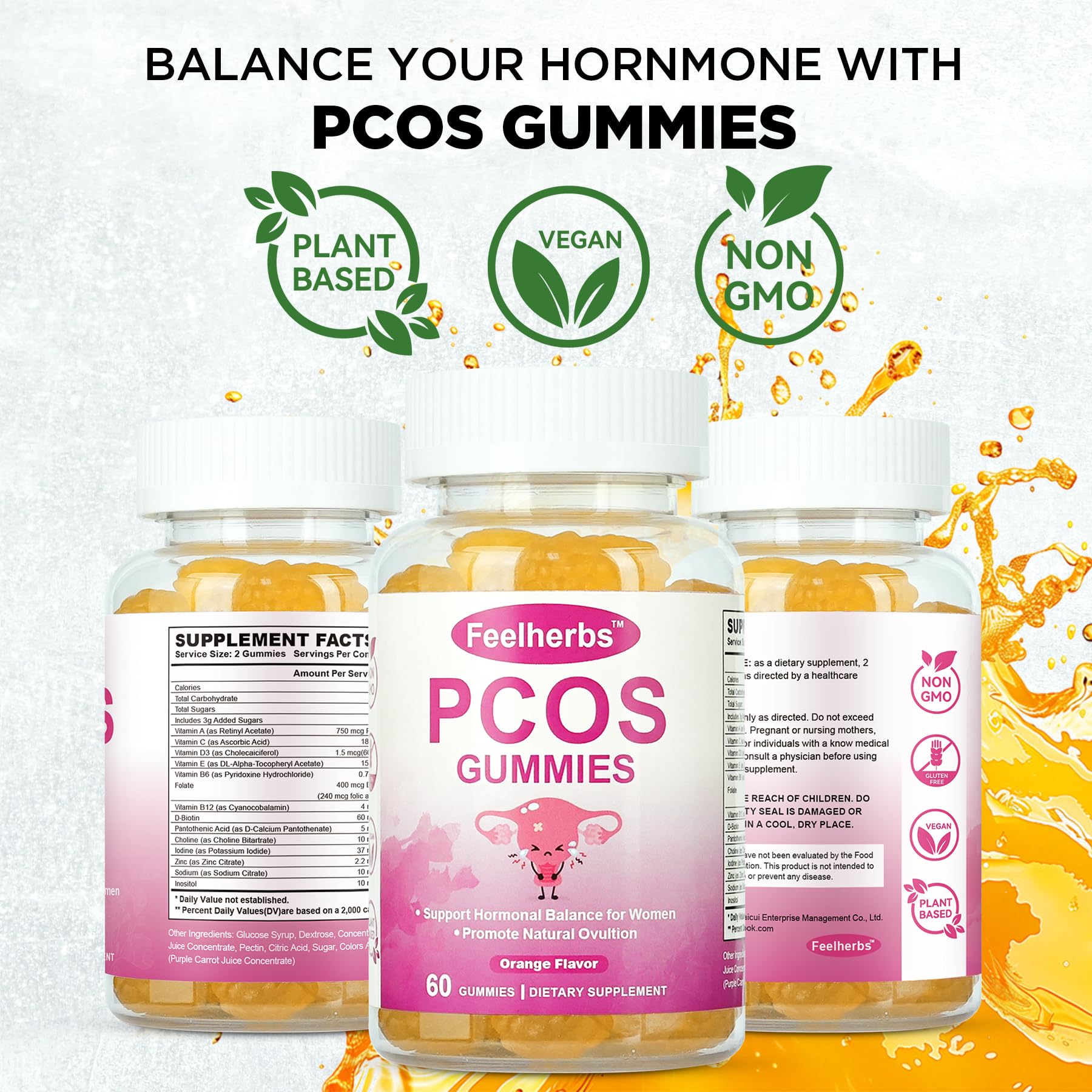PCOS Gummies for Women Menstrual Cycle & Hormonal Balance, 60 Count Ovarian Support Gummies with Myo-Inositol, Folate and Vitamins, Orange Flavor PCOS Vitamins Gummies Helps Fertility and Ovulation FeelherbsBuy Supplements Australia