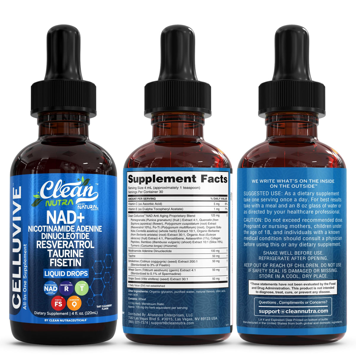 Clean Nutra NAD Liquid Supplement Drops Resveratrol Polyphenols Liposomal Taurine Fisetin Grape Seed Extract Japanese Knotweed Fo Ti Anti Aging NAD+ Nicotinamide Adenine Dinucleotide for Women & Men Clean NutraceuticalsBuy Supplements Australia