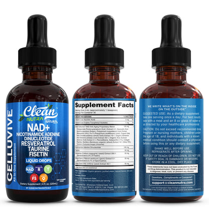 Clean Nutra NAD Liquid Supplement Drops Resveratrol Polyphenols Liposomal Taurine Fisetin Grape Seed Extract Japanese Knotweed Fo Ti Anti Aging NAD+ Nicotinamide Adenine Dinucleotide for Women & Men Clean NutraceuticalsBuy Supplements Australia