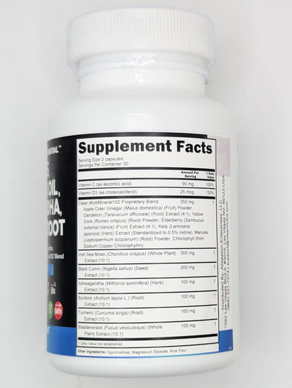 Sea Moss Black Seed Oil Ashwagandha Turmeric Bladderwrack Burdock & Vitamin C Vitamin D3 with Elderberry Manuka Dandelion Yellow Dock Iodine Chlorophyll ACV - 5Pack Clean Nutraceuticals buy supplements Au