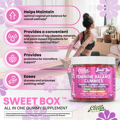 Clean Nutra Feminine Balance Gummies for Women Pineapple VaginalProbiotics pH Balance Cranberry D Mannose Supplement Inositol Black Cohosh Evening Primrose Garlic Vitex GLA Prebiotics Folate 60ct Clean NutraceuticalsBuy Supplements Australia