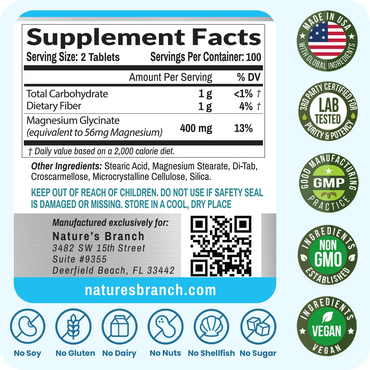 Magnesium Glycinate 400mg | 200 Tablets | High Absorption Mag Supplements for Sleep, Leg Cramps, Heart, Muscle, Calm | Non Buffered Bisglycinate, Extra Strength for Women and Men, Tablets Not Capsules NATURE'S BRANCHBuy Supplements Australia