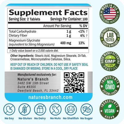 Magnesium Glycinate 400mg | 200 Tablets | High Absorption Mag Supplements for Sleep, Leg Cramps, Heart, Muscle, Calm | Non Buffered Bisglycinate, Extra Strength for Women and Men, Tablets Not Capsules NATURE'S BRANCHBuy Supplements Australia