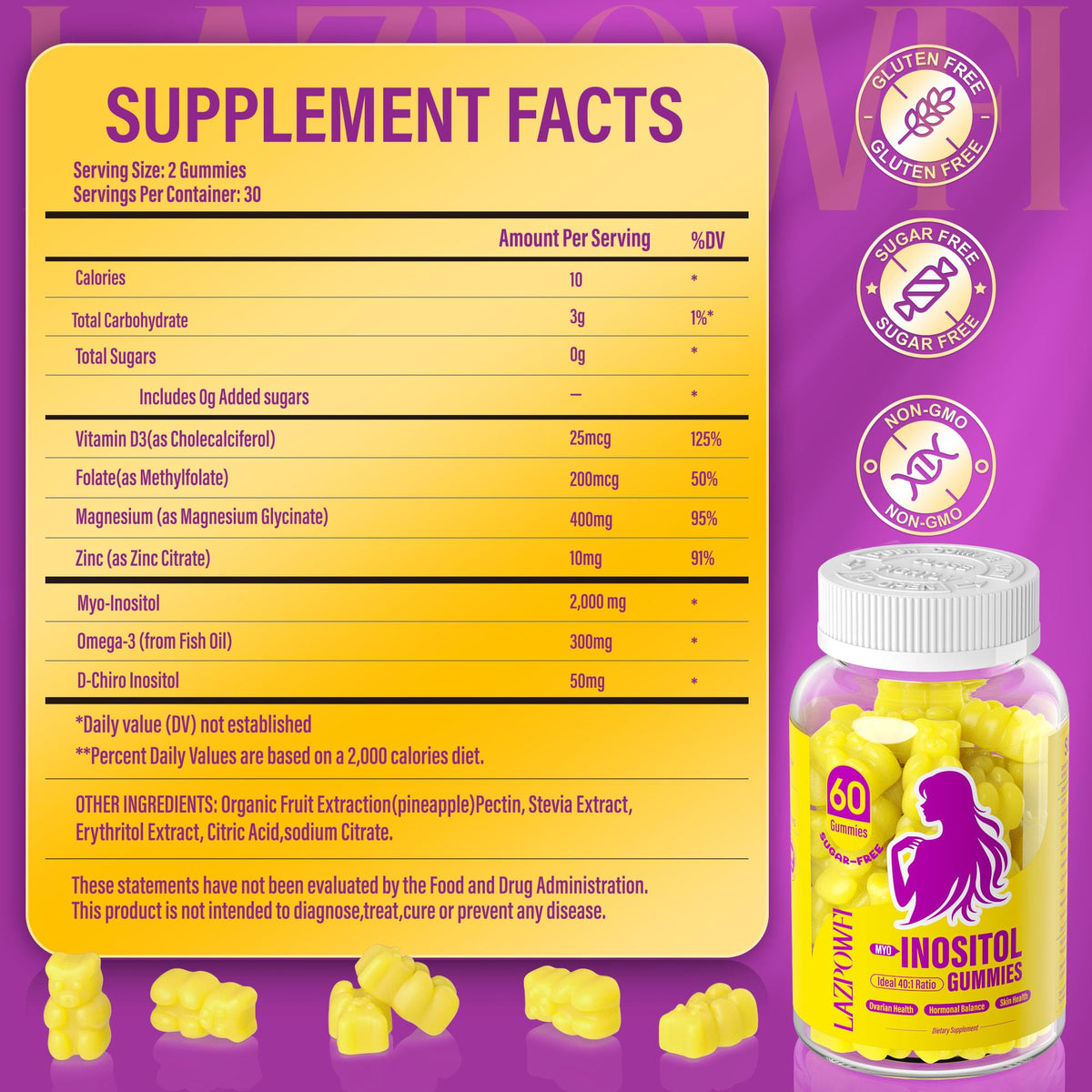 Lazpowfi Myo-Inositol & D-Chiro Inositol,Inositol Gummies with Vitamin D3, Magnesium Glycinate, Omega-3, Folate & Zinc, Inositol Supplement Menstrual Cycle for Women-40:1 Ratio-30 Day Supply LazpowfiBuy Supplements Australia