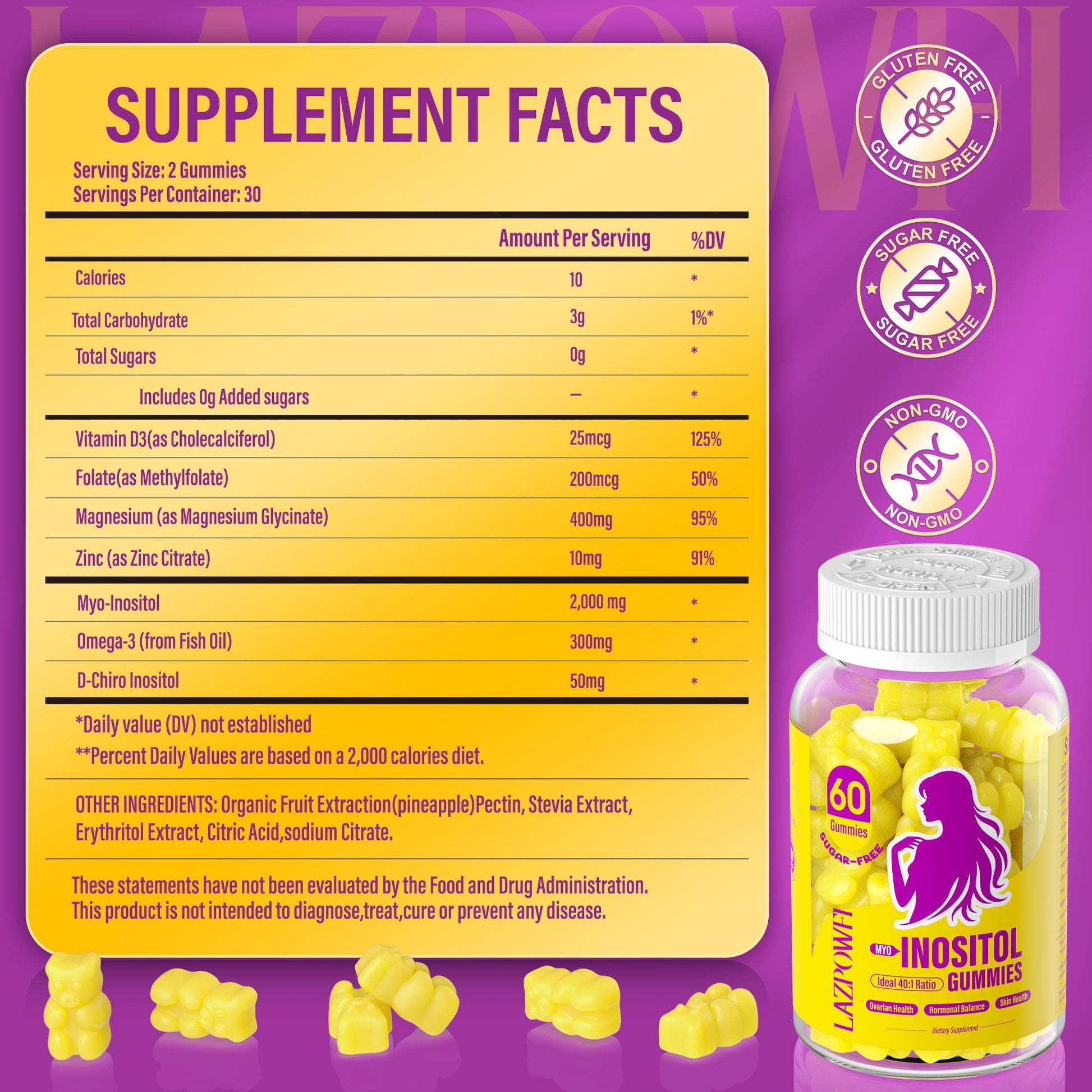 Lazpowfi Myo-Inositol & D-Chiro Inositol,Inositol Gummies with Vitamin D3, Magnesium Glycinate, Omega-3, Folate & Zinc, Inositol Supplement Menstrual Cycle for Women-40:1 Ratio-30 Day Supply LazpowfiBuy Supplements Australia