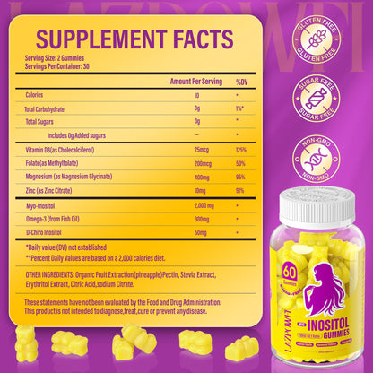 Lazpowfi Myo-Inositol & D-Chiro Inositol,Inositol Gummies with Vitamin D3, Magnesium Glycinate, Omega-3, Folate & Zinc, Inositol Supplement Menstrual Cycle for Women-40:1 Ratio-30 Day Supply LazpowfiBuy Supplements Australia