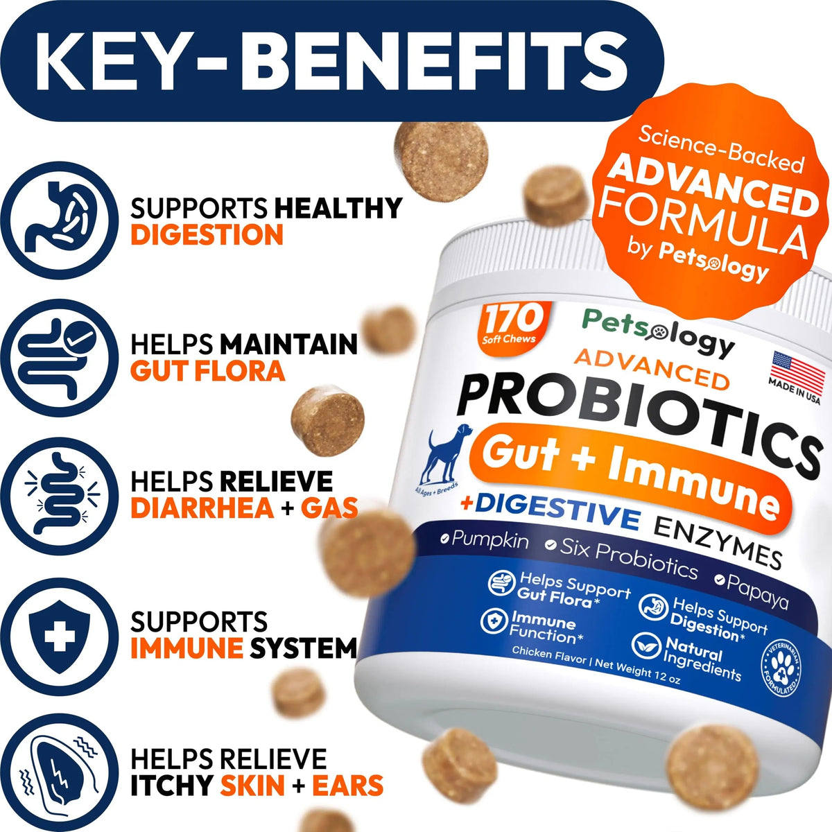 Probiotics for Dogs - 170 Dog Probiotics Chews - Digestive Enzymes & Prebiotics - Support Gut Health, Diarrhea, Gas & Constipation Relief - Itchy Skin, Allergies, Yeast Balance - Advanced Supplement Petsology buy supplements Au