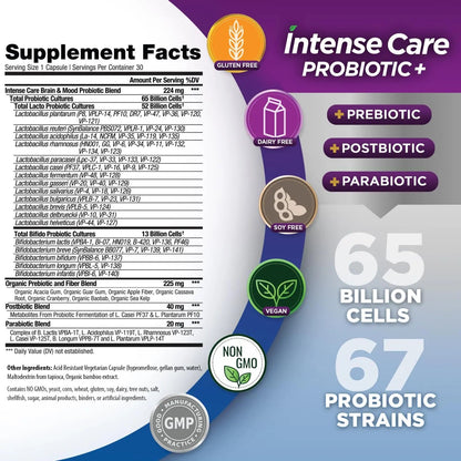 Vital Planet - Intense Care Brain & Mood Probiotics, Organic Prebiotics, Postbiotics, Parabiotics, Complete 4-in-1 Health Supplement for Adults, 65 Billion CFU, 67 Strains, Digestive and Immune 30 ct Vital PlanetBuy Supplements Australia