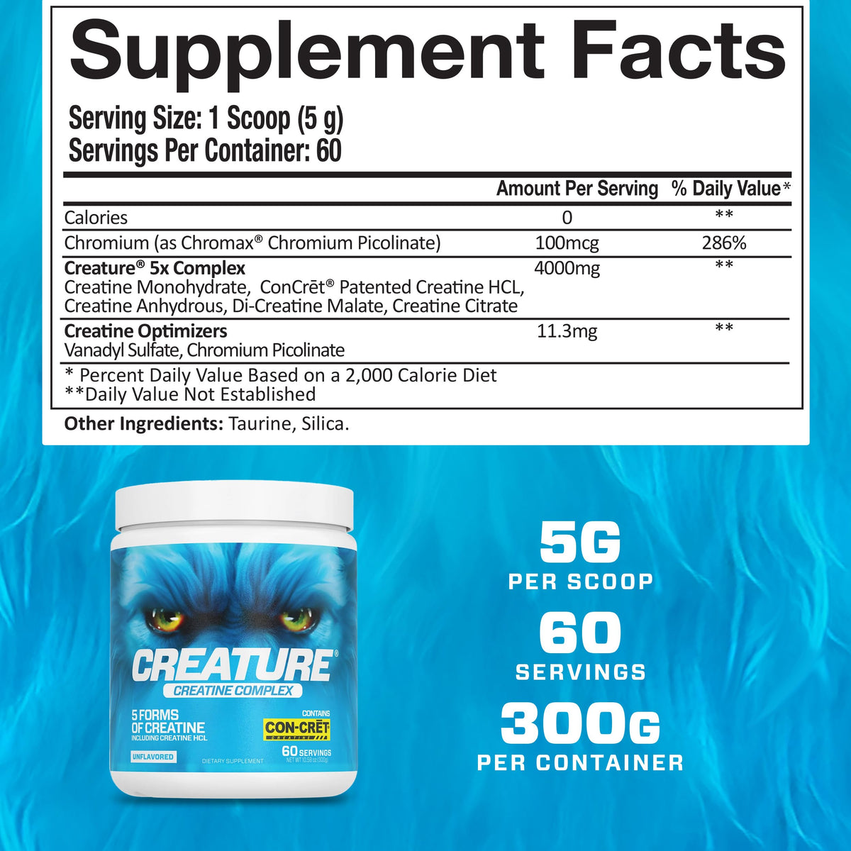 CREATURE® Creatine Complex - Creatine Monohydrate Powder with 5 Types of Creatine Including Con-Crēt® Creatine HCL, Promotes Muscle, Strength, Endurance, Brain Health, Unflavored, 300g 60 Servings CREATUREBuy Supplements Australia