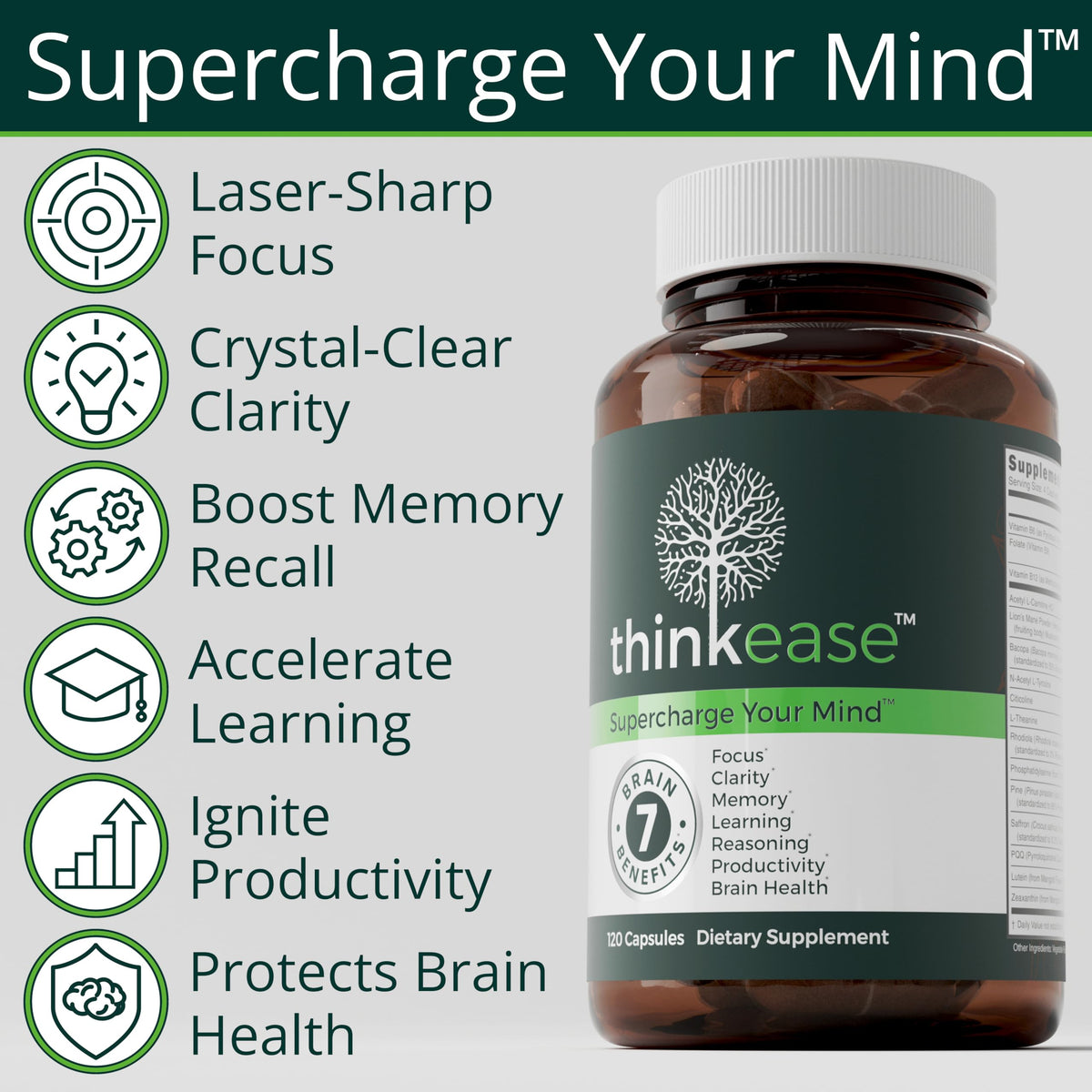 ThinkEase Brain Supplement (120 Capsules) | Memory, Mental Clarity, Focus, Cognitive Performance | Nootropic Supplement with L-Theanine, Acetyl L-Carnitine, Phosphatidylserine, Lion's Mane & More ThinkEaseBuy Supplements Australia