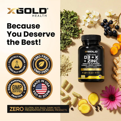 Vitamin D, K2, K1, Zinc, Quercetin, Elderberry, Turmeric, Ginger & Echinacea Whole Food Supplement 8 in 1- D3 5000 IU Plant-Based from Lichen, Vitamin K (K2 MK7, MK4, K1) X Gold Health canada supplements