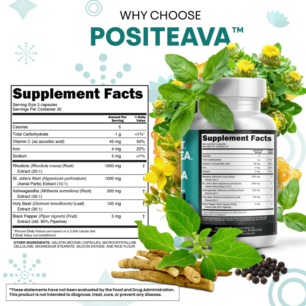 Clean Nutraceuticals St Johns Wort Rhodiola Rosea Holy Basil Ashwagandha - Mood Support for Women and Men with Vitamin C & Black Pepper Extract - 90 Caps Clean Nutraceuticals buy supplements Au