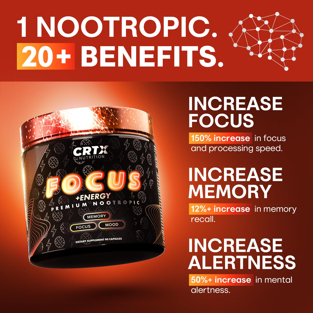 Nootropic Strongest Focus Supplement - Clinically Backed Ingredients Made in USA - Scientifically Backed Doses - Supplement for Brain Fog - AlphaGPC, Lions Mane, Rhodiola and More 10:1 90 Capsules CRTX NutritionBuy Supplements Australia