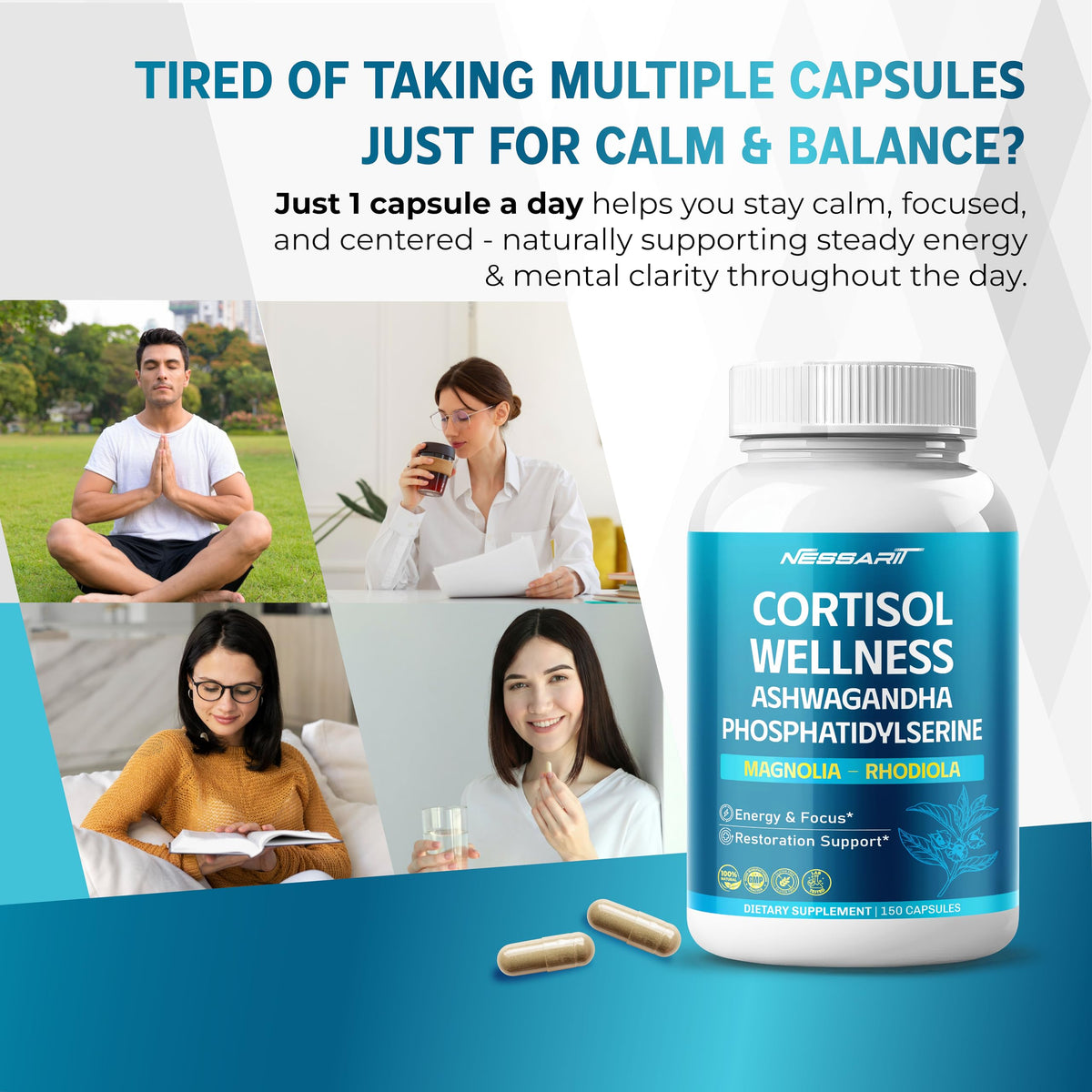 CORTISOL Wellness Ashwagandha 14-in-1 Natural Blend with Phosphatidylserine Magnolia Rhodiola St. John's Wort Peppermint Bacopa - 150 Count NESSARITBuy Supplements Australia