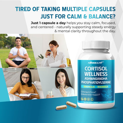 CORTISOL Wellness Ashwagandha 14-in-1 Natural Blend with Phosphatidylserine Magnolia Rhodiola St. John's Wort Peppermint Bacopa - 150 Count NESSARITBuy Supplements Australia
