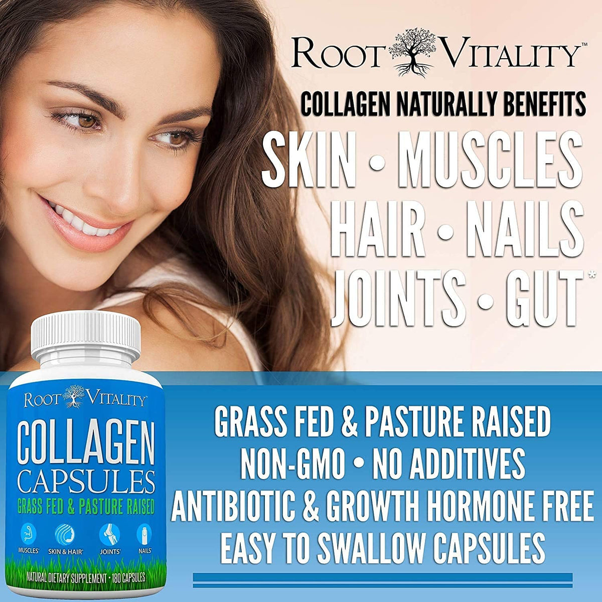 Root Vitality Collagen Peptides Capsules - Grass-Fed, Pasture-Raised Hydrolyzed Protein Supplement for Skin, Hair, & Nails - Non-GMO, Zero Sugar Daily Pills for Men & Women (180 Capsules) Root VitalityBuy Supplements Australia