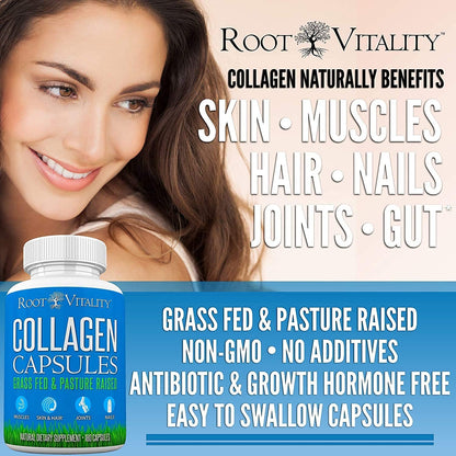 Root Vitality Collagen Peptides Capsules - Grass-Fed, Pasture-Raised Hydrolyzed Protein Supplement for Skin, Hair, & Nails - Non-GMO, Zero Sugar Daily Pills for Men & Women (180 Capsules) Root VitalityBuy Supplements Australia