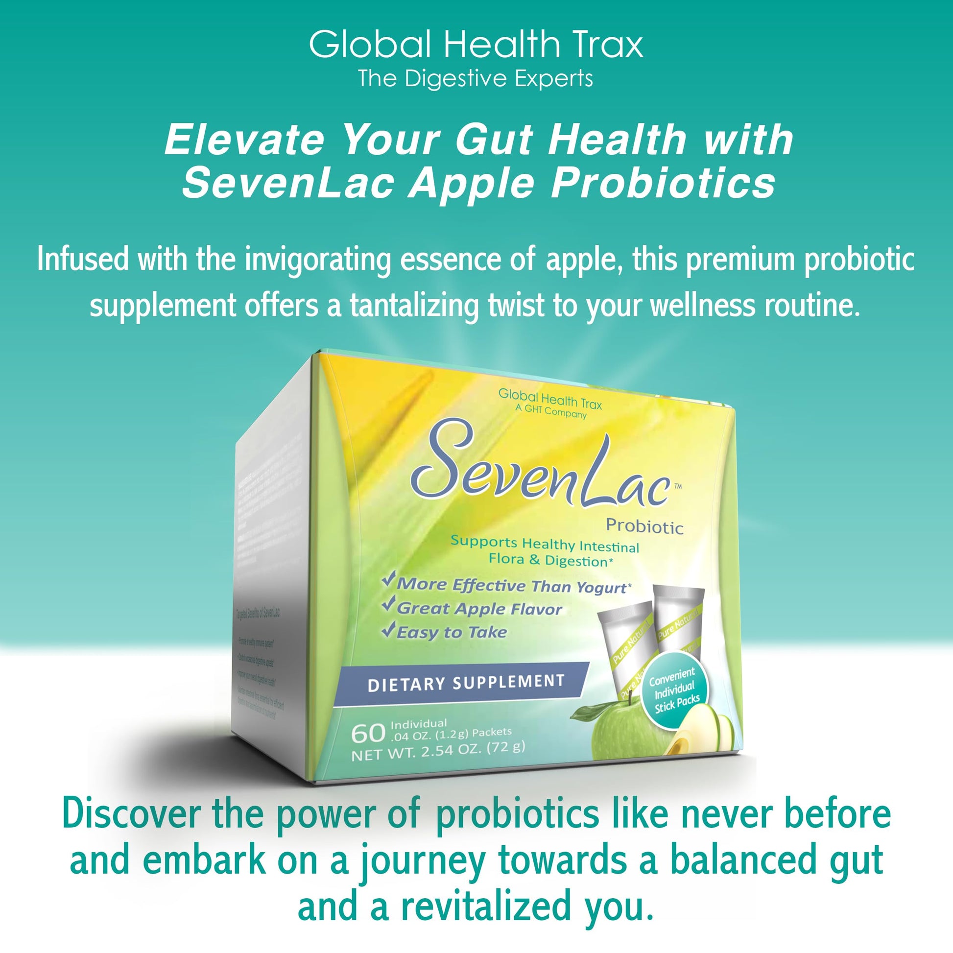Global Health Trax SevenLac Apple Probiotic Powder Drink Mix, Probiotics for Women, Men, and Kids – Smooth Digestive Support - Relieves Constipation and Gas – 60 Packets, 2.54 Oz, Non-GMO, Gluten-Free ght Global Health TraxBuy Supplements Australia